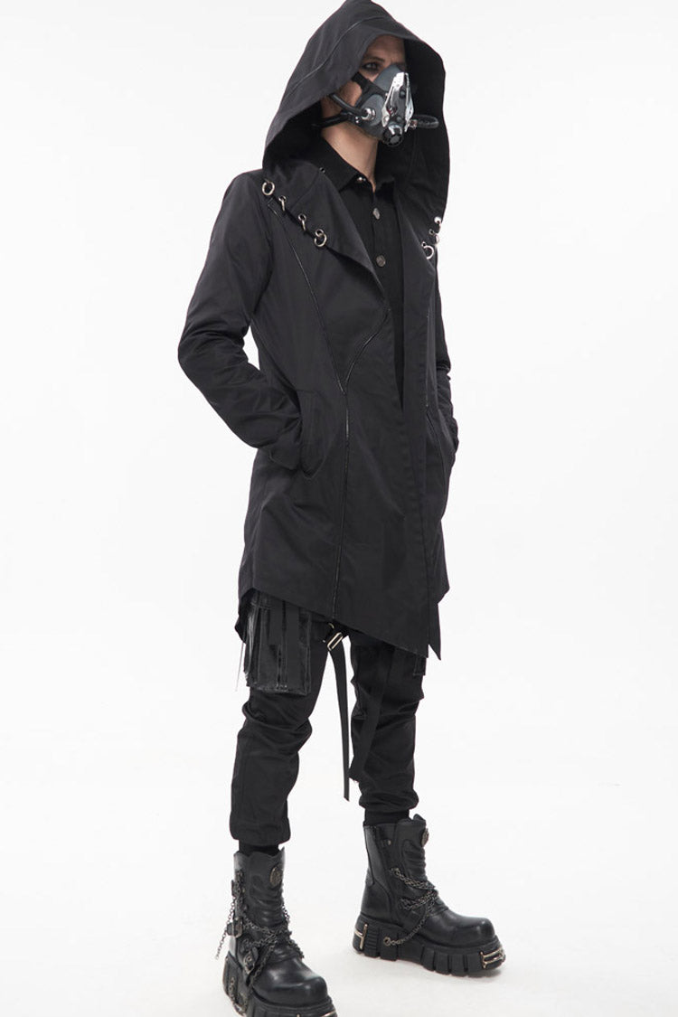 Black Punk Back Splicing Straps Design Windproof Fabric Daily Matching Hooded Casual Men's Coat