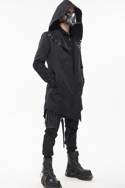 Black Punk Back Splicing Straps Design Windproof Fabric Daily Matching Hooded Casual Men's Coat