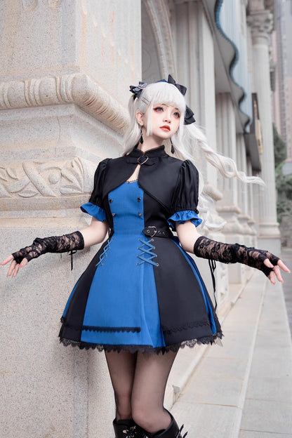 Black/Blue [Night Liana] Ruffle Bowknot Lace-Up Sweet Japanese Lolita Jumper Dress Set