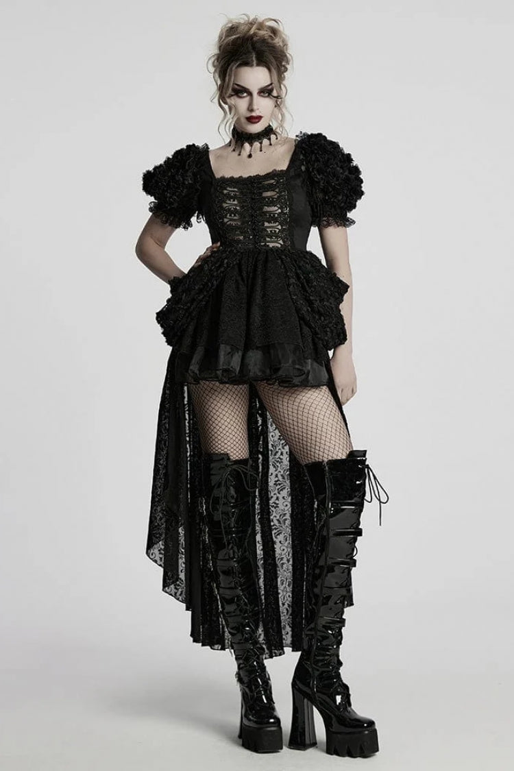 Black Square Collar Short Puff Sleeves Multi-Layered Women's Gothic Lolita High/Low Prom Dress