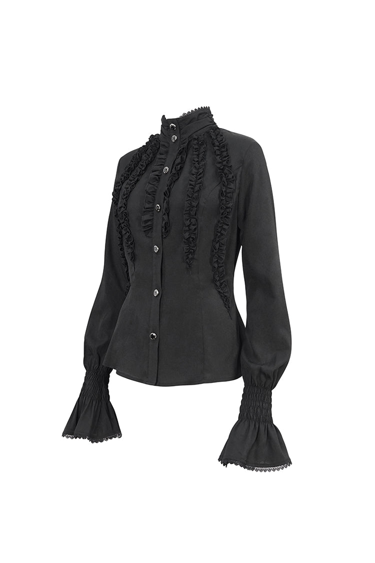 Black Stand Collar Ruffled Long Sleeves Women's Gothic Shirt