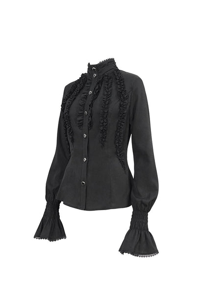 Black Stand Collar Ruffled Long Sleeves Women's Gothic Shirt