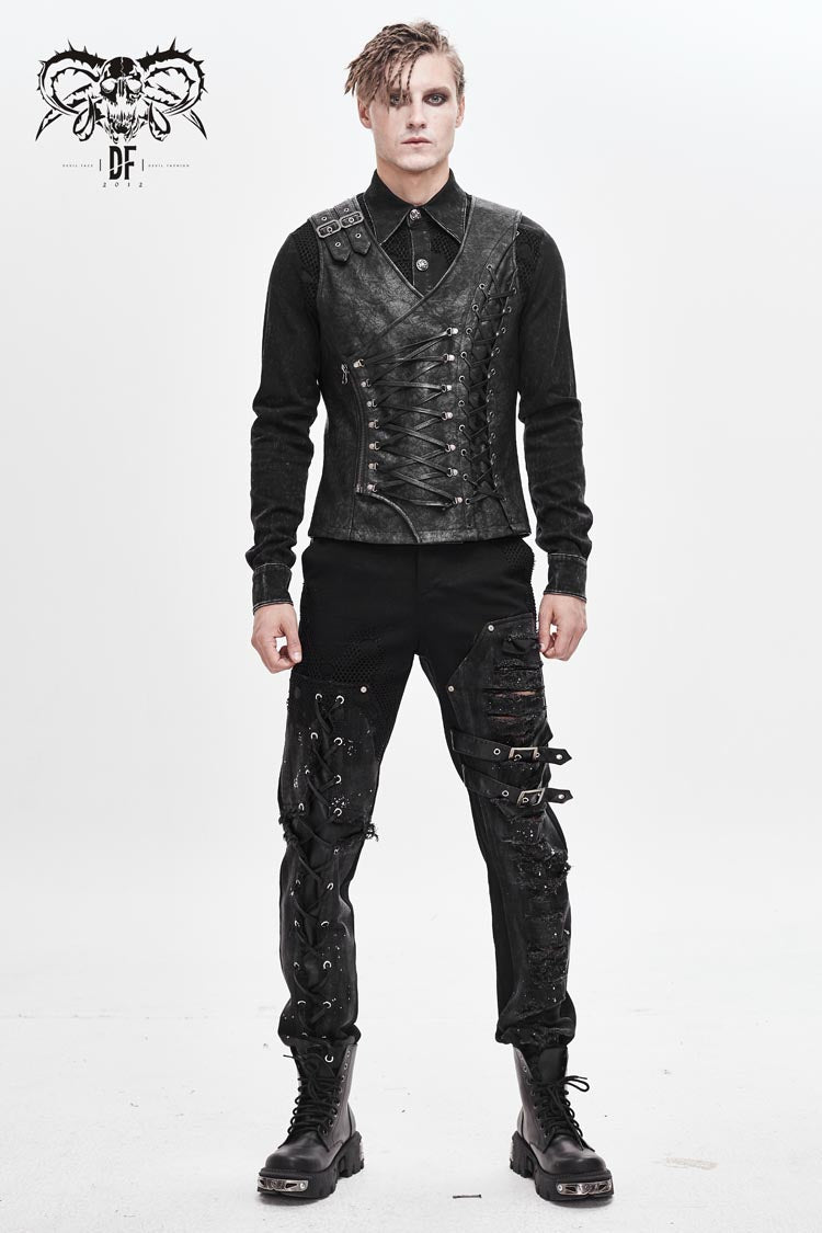 Gray V Neck Fog Flower Shoulder Loop Chest Lace Up Men's Punk Waistcoat