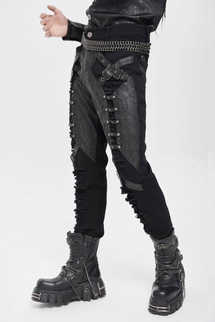 Black Ripped Buckle Straps Men's Punk Pants
