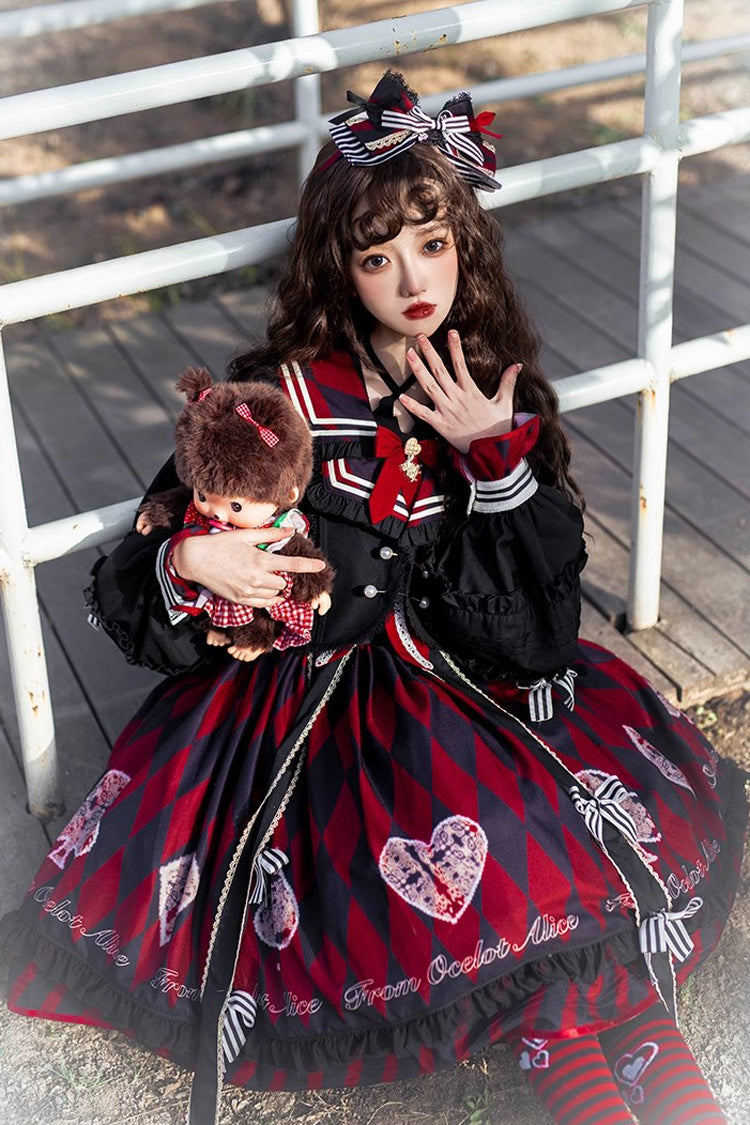 Black/Red Heart Print Bowknot Sweet Princess Alice Lolita Jsk Dress