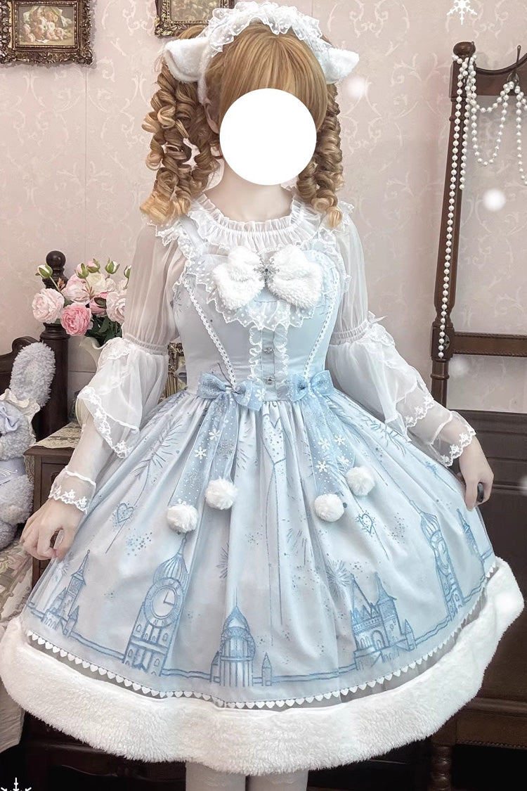 Blue [Snow Castle] Sleeveless Printed Embroidered Bow Lace Sweet Lolita Jsk Dress