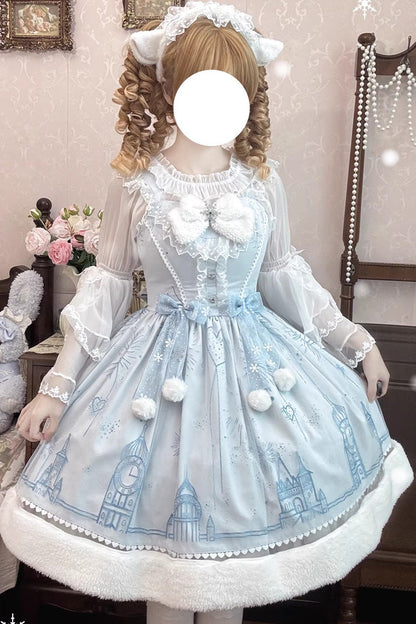 Blue [Snow Castle] Sleeveless Printed Embroidered Bow Lace Sweet Lolita Jsk Dress