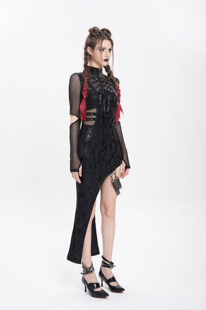 Black Stand Collar Long Sleeves Stitching Lace-Up Mesh Women's Punk Dress with Detachable Strap