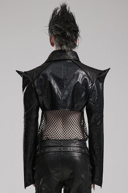 Black Stand Collar Zipper Faux Leather Sharp Shoulders Mens Steampunk Short Coat