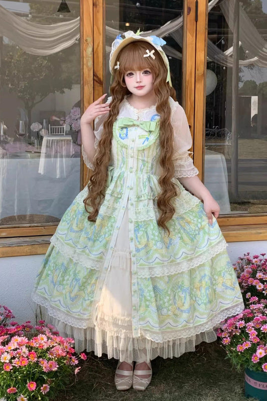 Ivory/Green [Lily of the Valley Perfume] Pearl Candy Tea Doll Collar Sleeveless Printed Lace Plus Size Sweet Lolita Jsk Dress