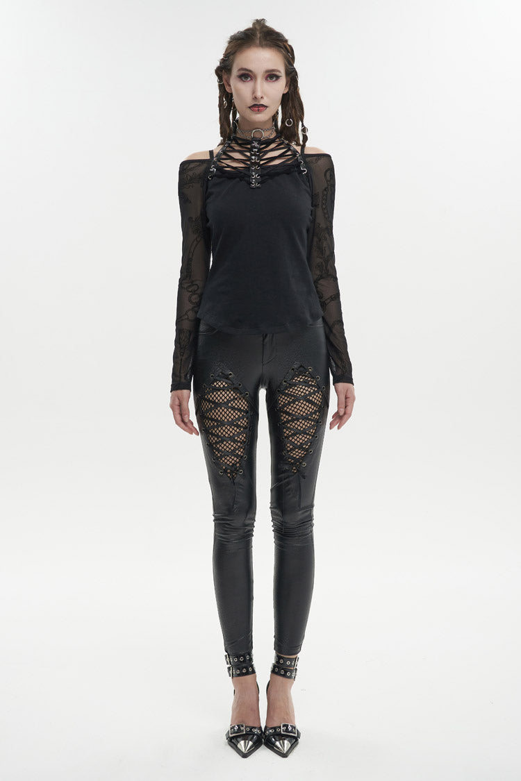 Black Stretch Knit Stitching Flocking Printed Neck Collar Tie Rope Off-Shoulder Women's Punk T-Shirt