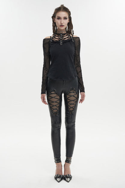 Black Stretch Knit Stitching Flocking Printed Neck Collar Tie Rope Off-Shoulder Women's Punk T-Shirt
