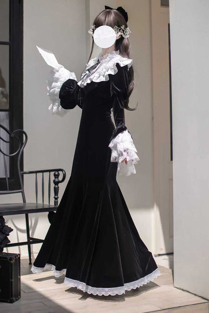 Black [Raven-Feather Poetic Letter] Velvet Long Hime Sleeves Ruffle Bowknot Gothic Elegant Lolita Fishtail Dress