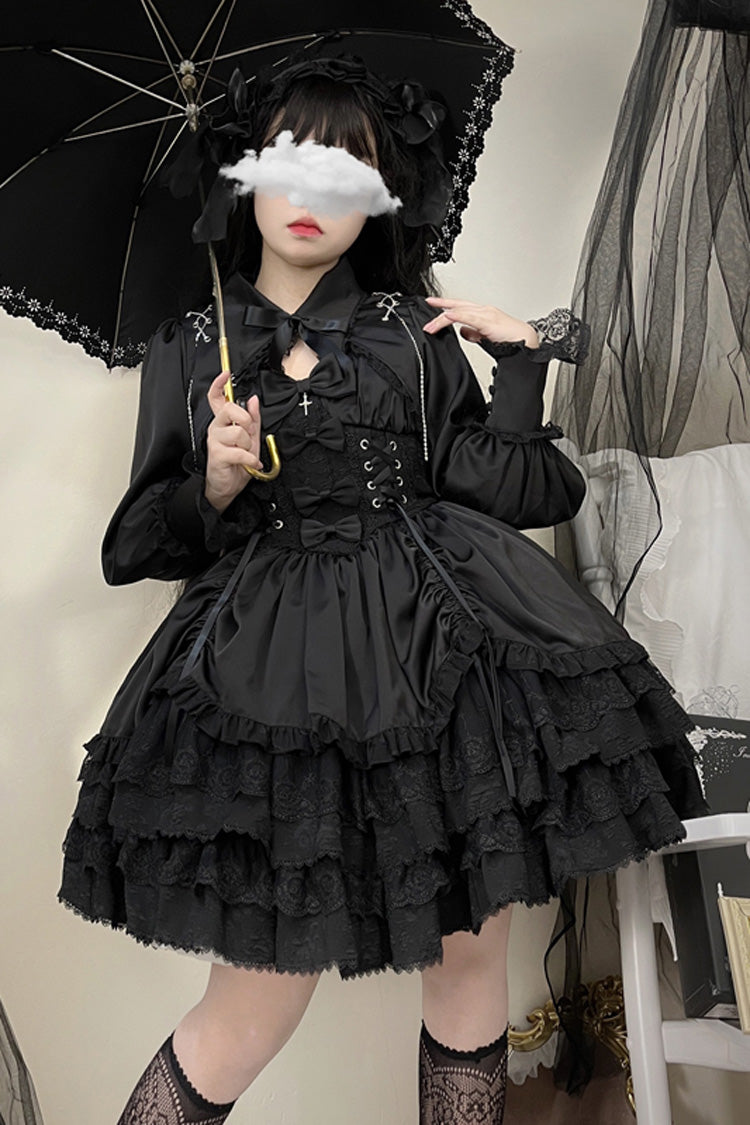 Black [Cross of Merit] Multi-Layered Bowknot Lace Gothic Lolita Jsk Dress