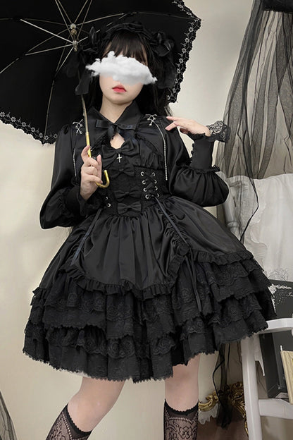 Black [Cross of Merit] Multi-Layered Bowknot Lace Gothic Lolita Jsk Dress