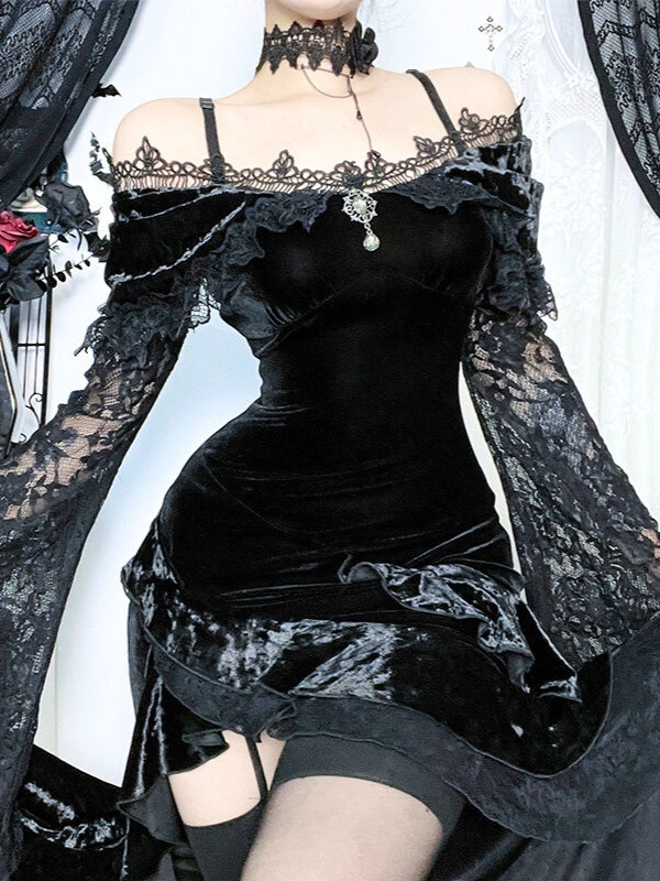 Off-Shoulder Lace Velvet Dress