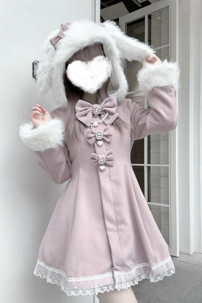 Pink Long Sleeves Bowknot Rabbit Ears Detachable Hooded Japanese Jirai Kei Coat