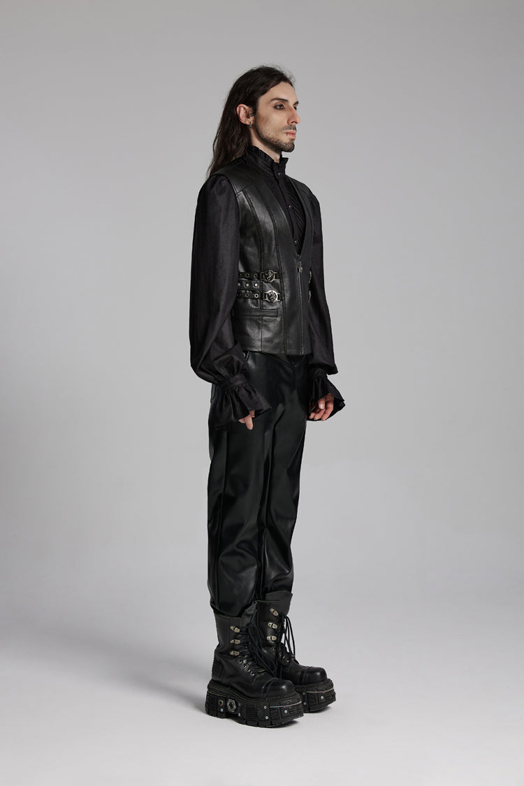 Black V Collar Sleeveless Buckle-up Zip Men's Gothic Vest