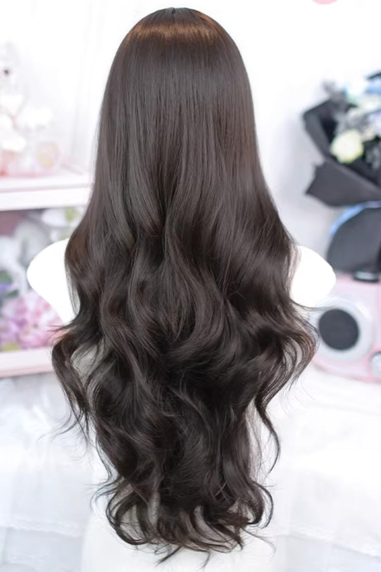 Black Tea Brown Long Curly Wig Light Wispy Bangs Sweet Lolita Style