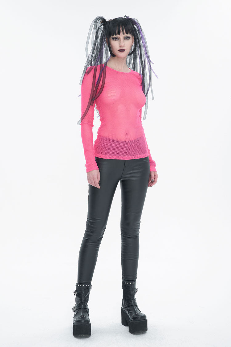 Red Elasticity High Neck Long Sleeve Mesh Women's Gothic T-Shirt