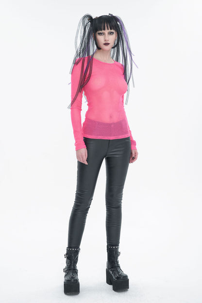 Red Elasticity High Neck Long Sleeve Mesh Women's Gothic T-Shirt