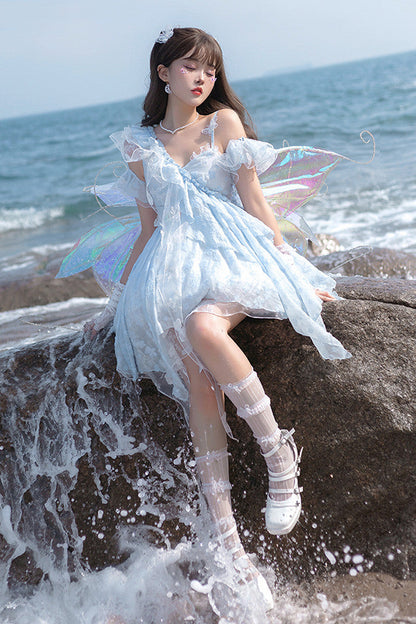 Blue [Summer of Bubbles] Sleeveless Ruffle Embroidery Lace Irregular Short Sweet Lolita Jsk Dress