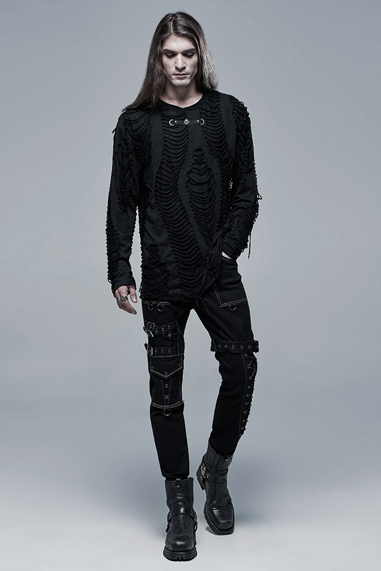 Black Round Collar Long Sleeves Double-Layered Ripped Men's Gothic Blouse