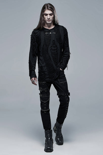 Black Round Collar Long Sleeves Double-Layered Ripped Men's Gothic Blouse
