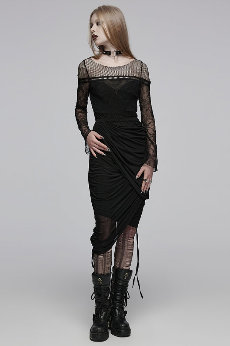 Black Round Collar Long Sleeves Print Stitching Lace Slim Women's Gothic T-Shirt