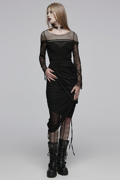 Black Round Collar Long Sleeves Print Stitching Lace Slim Women's Gothic T-Shirt