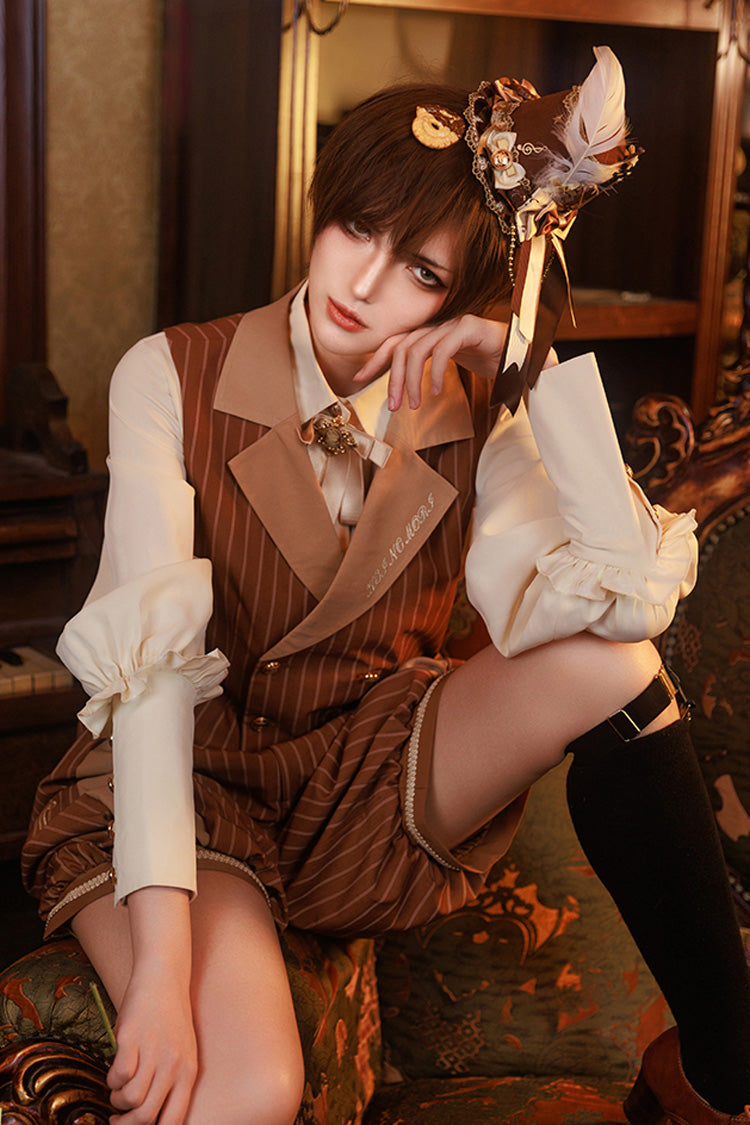 Brown Stripe Violin Print Ouji Lolita Set