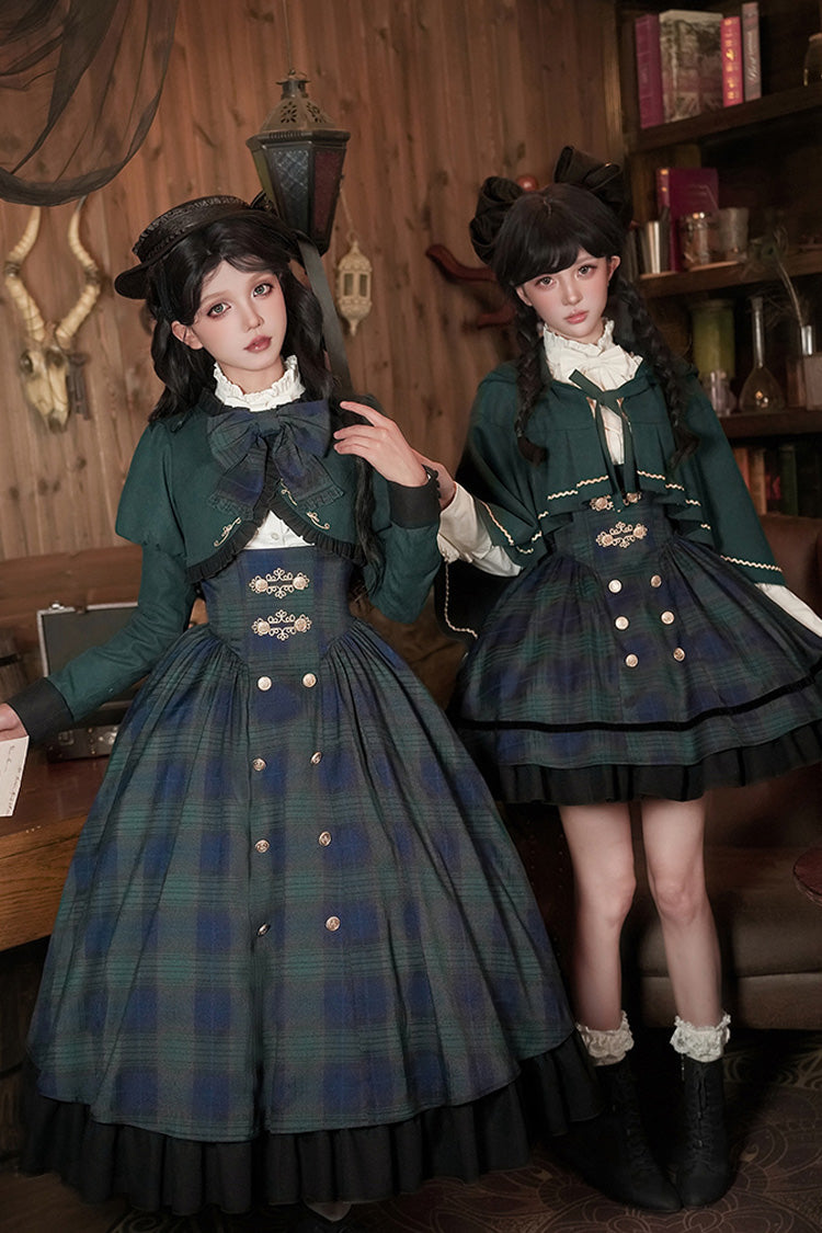 Blue/Green [Berlin's letter] Double-Layered Plaid Print Ruffle Bowknot Classic College Style Lolita Strap Dress Set 2 Versions