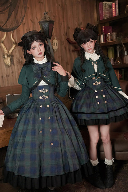 Blue/Green [Berlin's letter] Double-Layered Plaid Print Ruffle Bowknot Classic College Style Lolita Strap Dress Set 2 Versions