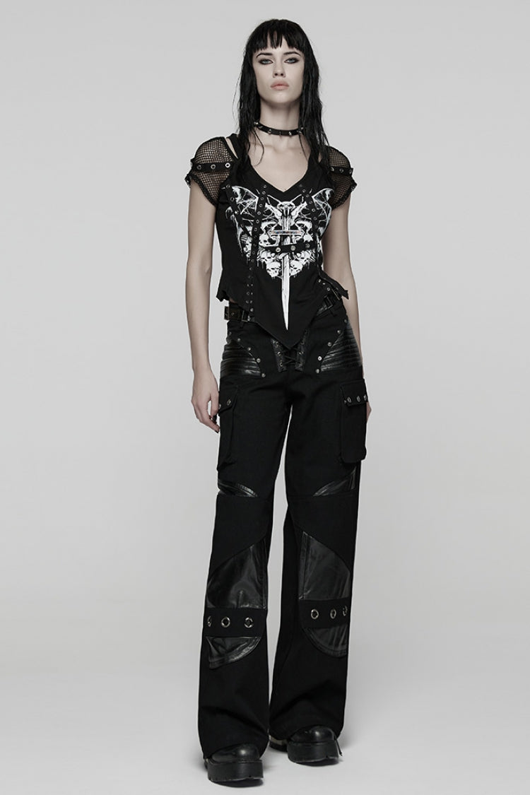Black Short Sleeves Printed Spliced Mesh Strappy Eyelet Women's Punk T-Shirt
