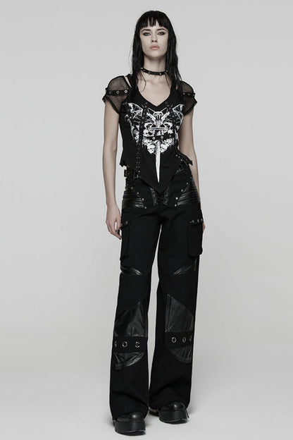 Black Short Sleeves Printed Spliced Mesh Strappy Eyelet Women's Punk T-Shirt