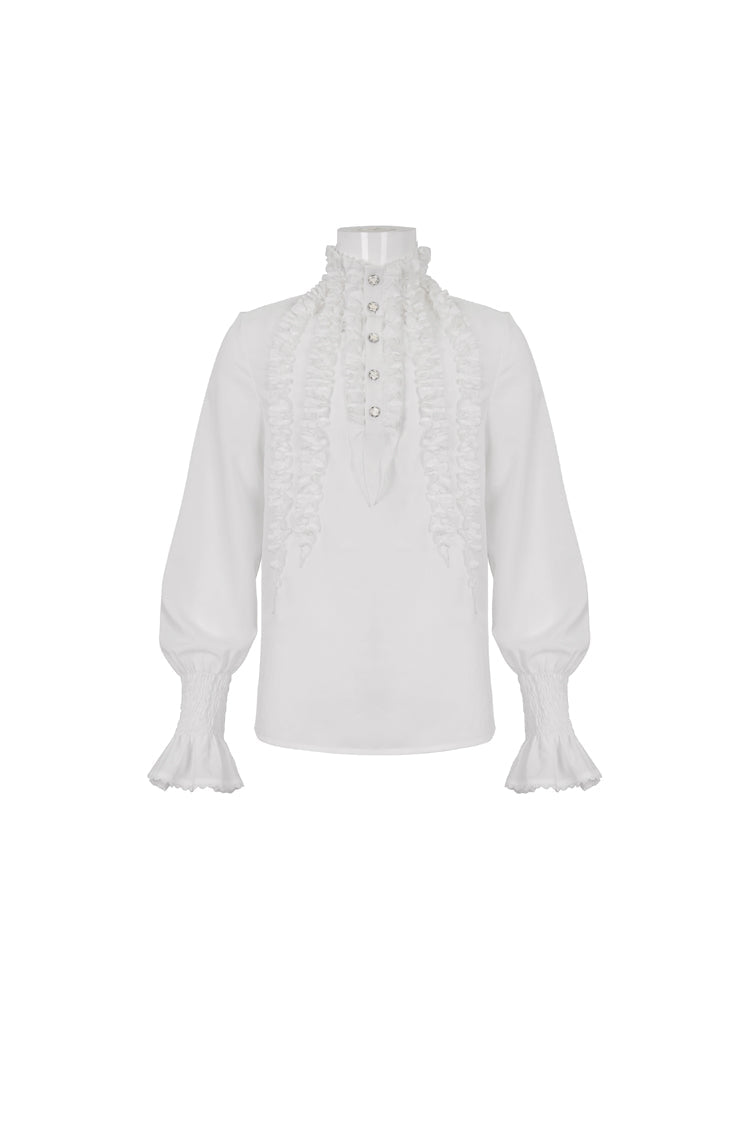 White Irregular Stand Collar Puff Sleeved Ruffled Men's Gothic Shirt