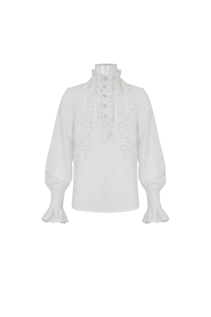 White Irregular Stand Collar Puff Sleeved Ruffled Men's Gothic Shirt