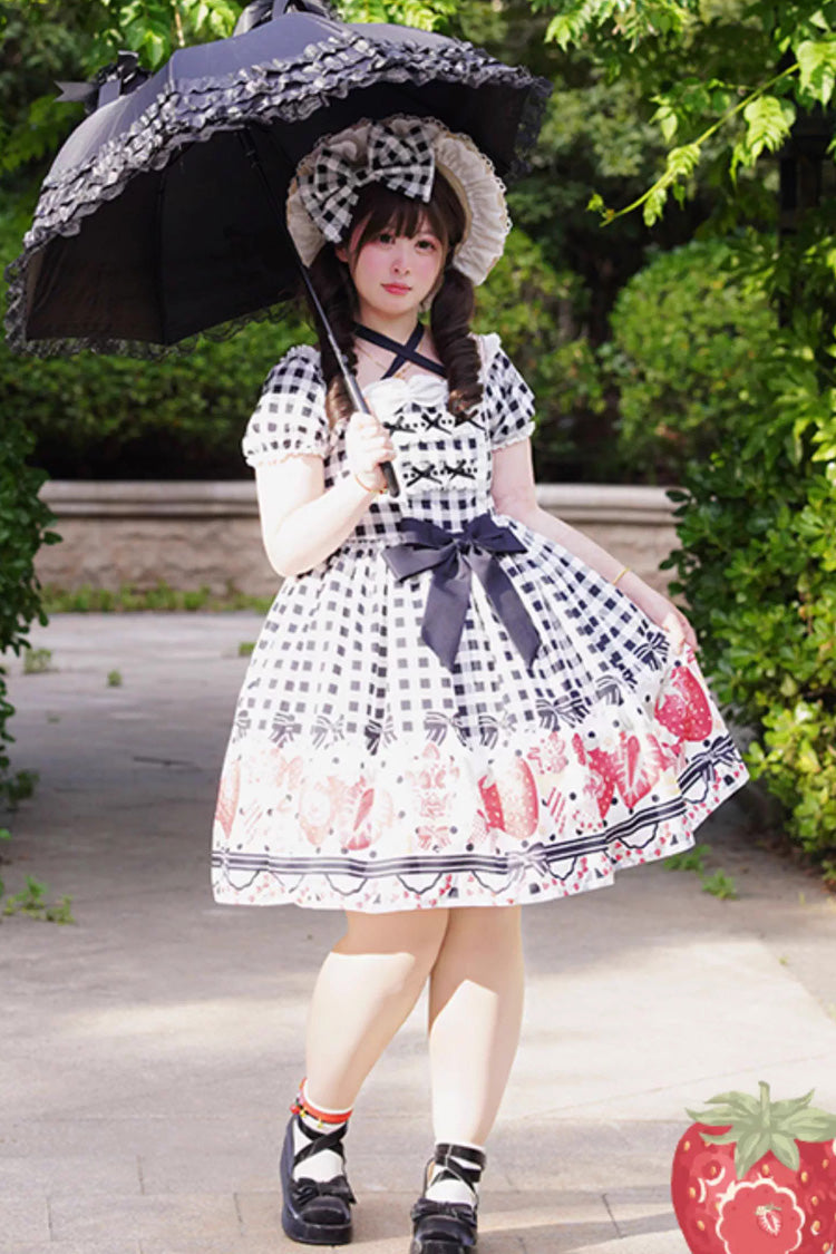 Black Short Sleeves Strawberry Plaid Print Bowknot Sweet Plus Size Princess Lolita Dress