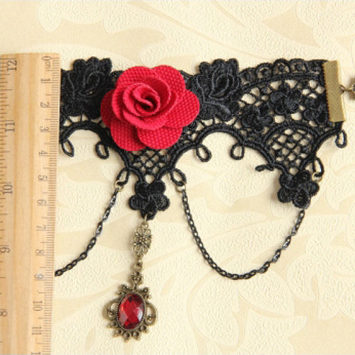 Black Retro Fashion Female Gothic Lolita Lace Red Rose Ruby Bracelet