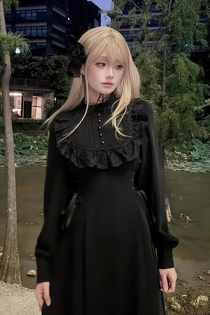 Black Stand Collar Long Sleeves Ruffled Lace-Up Gothic Lolita Dress
