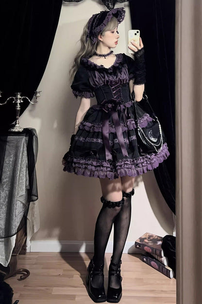 Black/Purple [Layered Blackcurrant] Short Sleeves Ruffle Bowknot Lace Sweet Lolita Dress