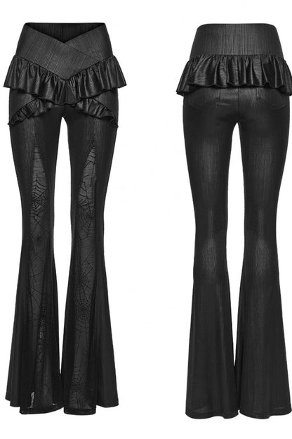 Black Ruffled Women's GothicRuffled Cobweb Pattern Flared Pants