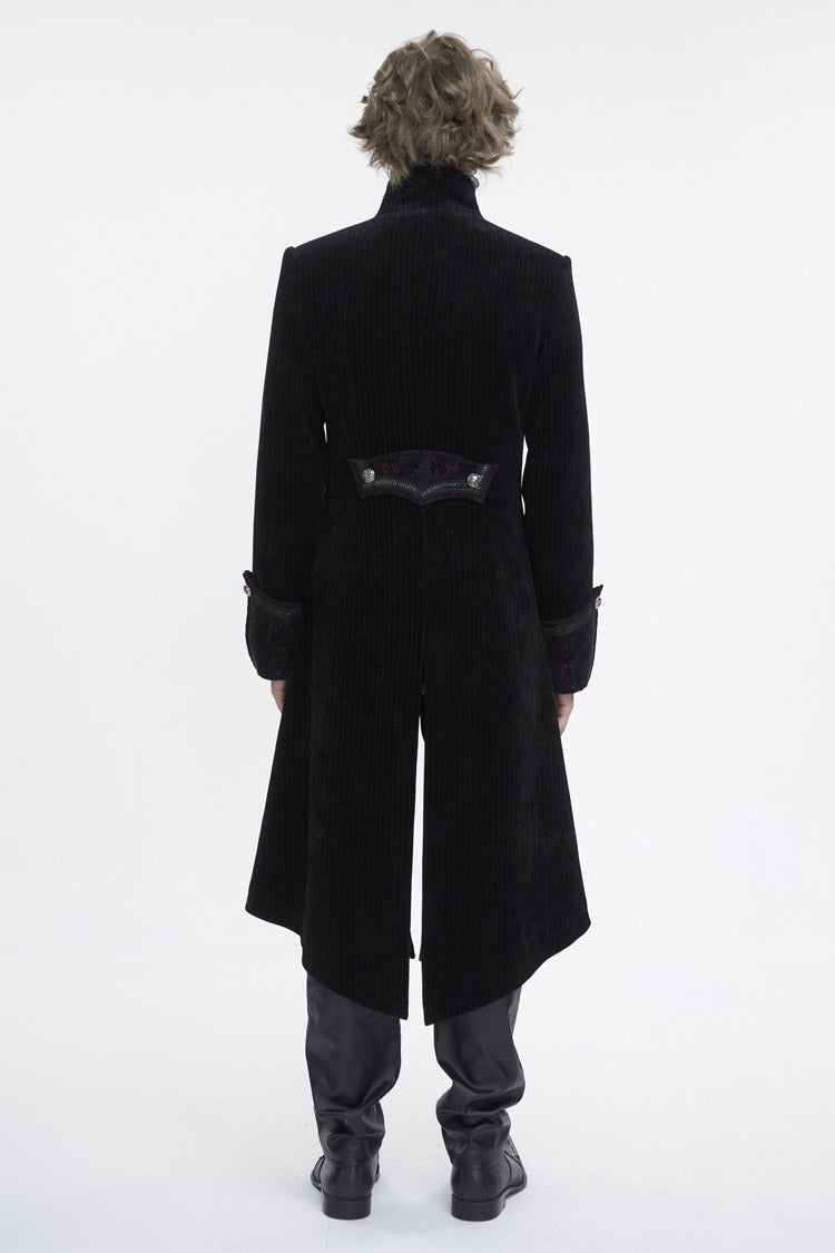 Black Stand Collar Long Sleeves Embroidery Slim Men's Gothic Coat