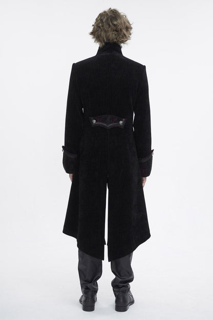 Black Stand Collar Long Sleeves Embroidery Slim Men's Gothic Coat