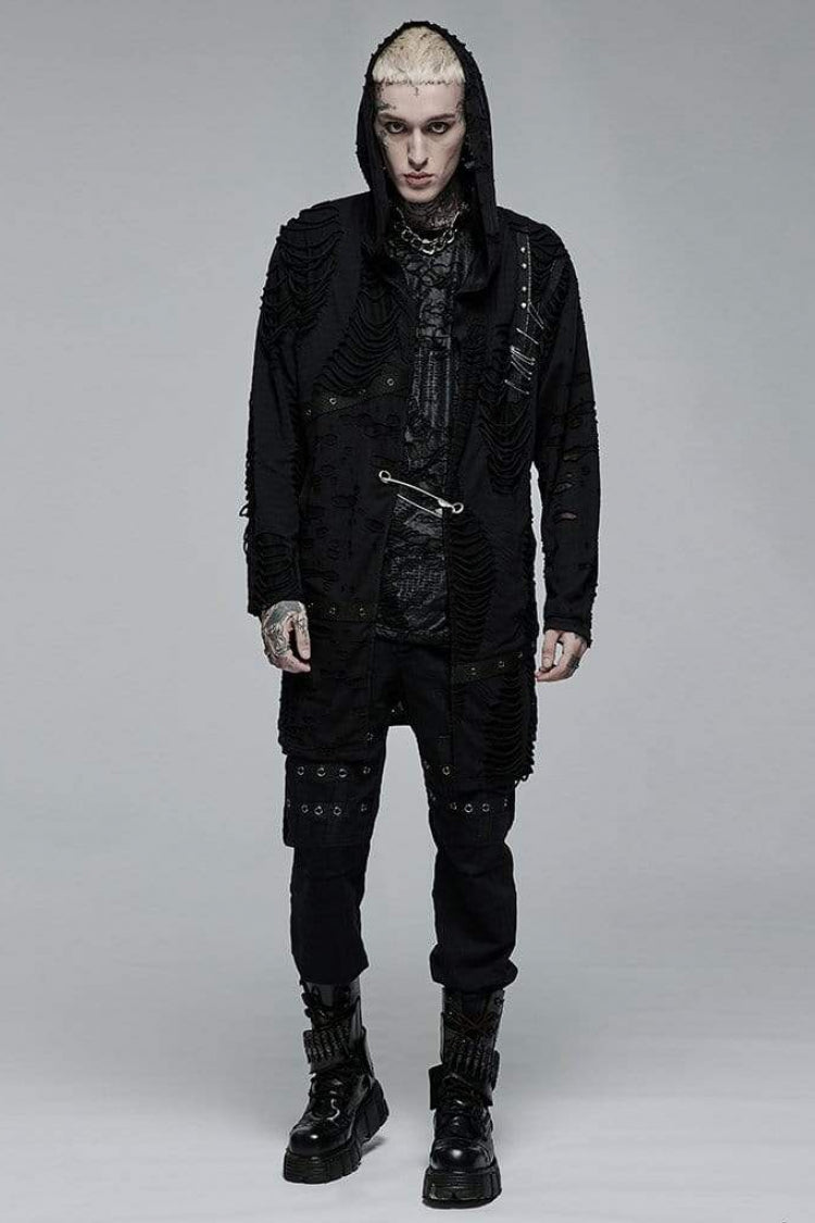Black Ripped Hooded Metal Large Pins Mens Gothic Coat