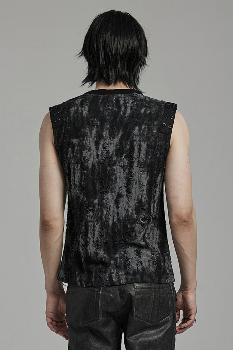 Black/Grey Round Collar Sleeveless Print Ripped Distressed Eyelet Men's Gothic Tank Top