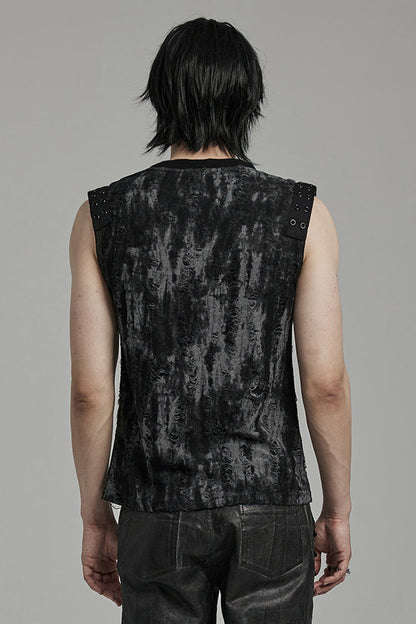 Black/Grey Round Collar Sleeveless Print Ripped Distressed Eyelet Men's Gothic Tank Top
