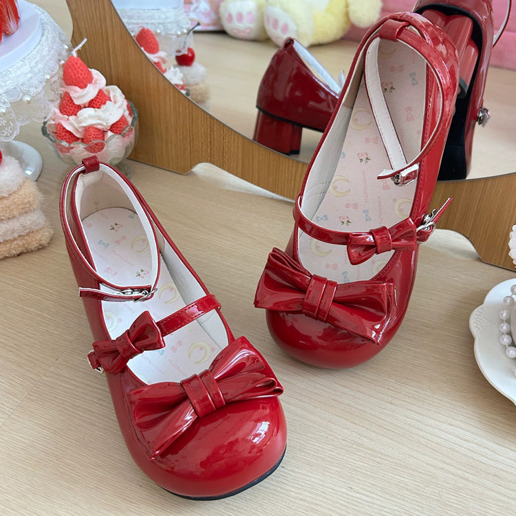 Round Toe Bow Mid Heel Lolita Mary Jane Shoes with Cat Paw Heels 7 Colors