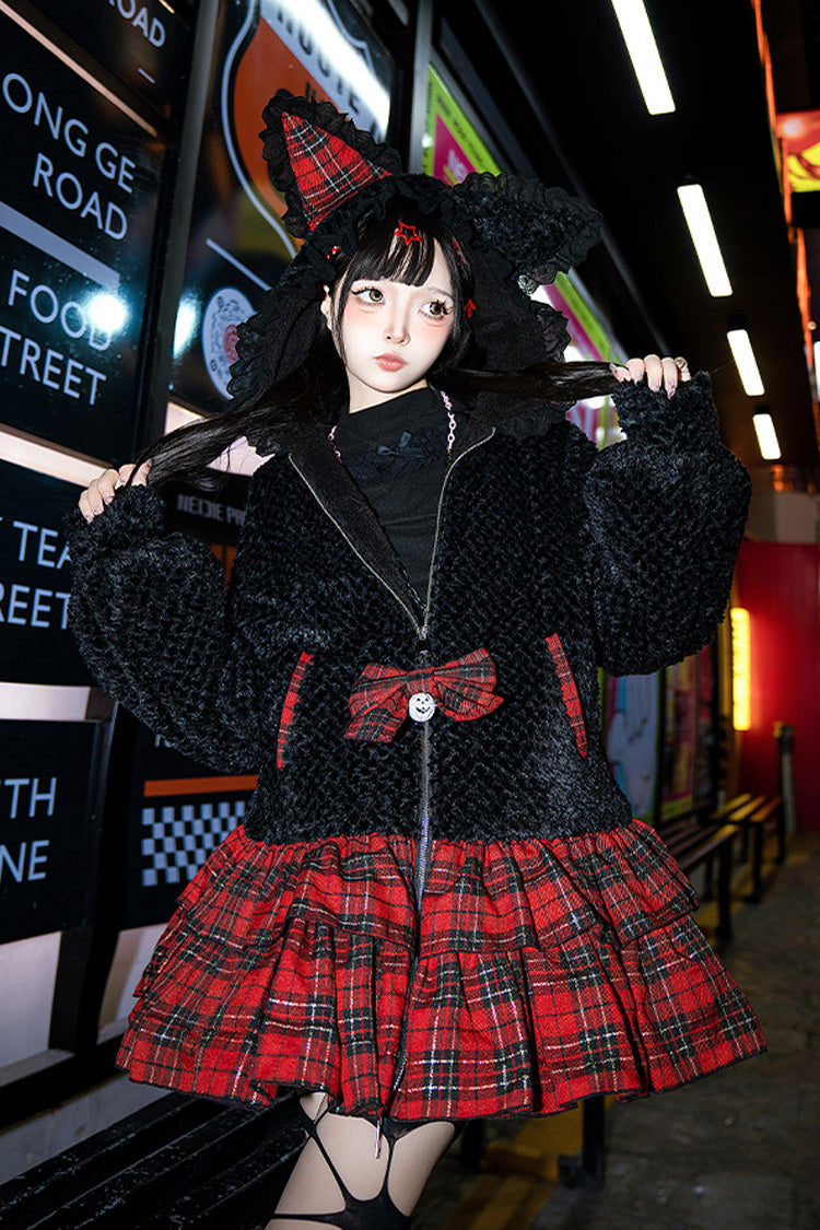 Black/Red [Night Cat] Plaid Print Ruffle Bowknot Hooded Sweet Lolita Skirt Coat