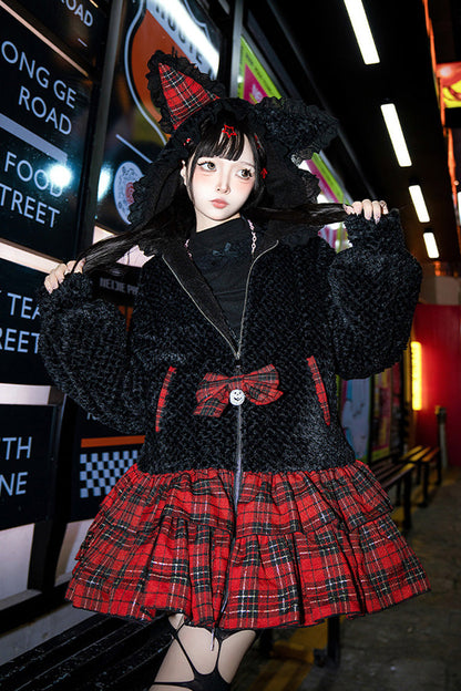Black/Red [Night Cat] Plaid Print Ruffle Bowknot Hooded Sweet Lolita Skirt Coat